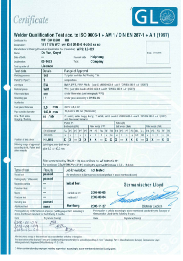 Chứng chỉ thợ hàn (đăng kiểm - GL) 1